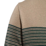 Woven knit sweater with tan base and green horizontal stripe trim