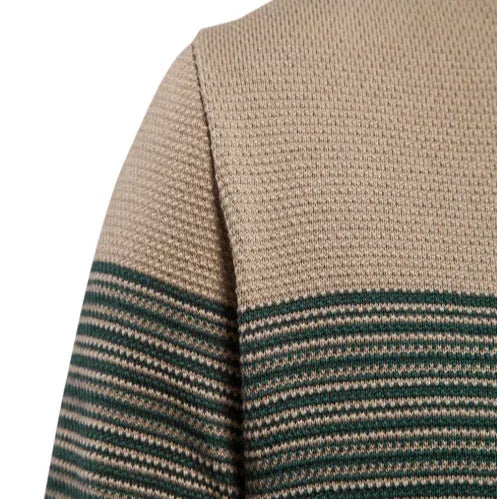 Woven knit sweater with tan base and green horizontal stripe trim