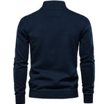 Men's quarter-zip sweater back, dark blue knit with ribbed hem