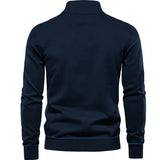 Men's quarter-zip sweater back, dark blue knit with ribbed hem