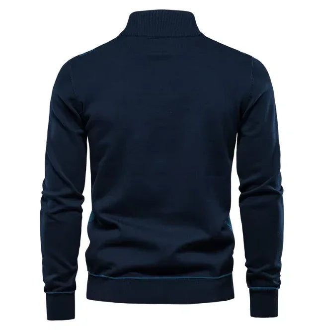 Men's quarter-zip sweater back, dark blue knit with ribbed hem