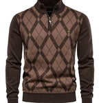 Men's quarter-zip argyle sweater, brown with beige diamond pattern
