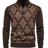 Men's quarter-zip argyle sweater, brown with beige diamond pattern