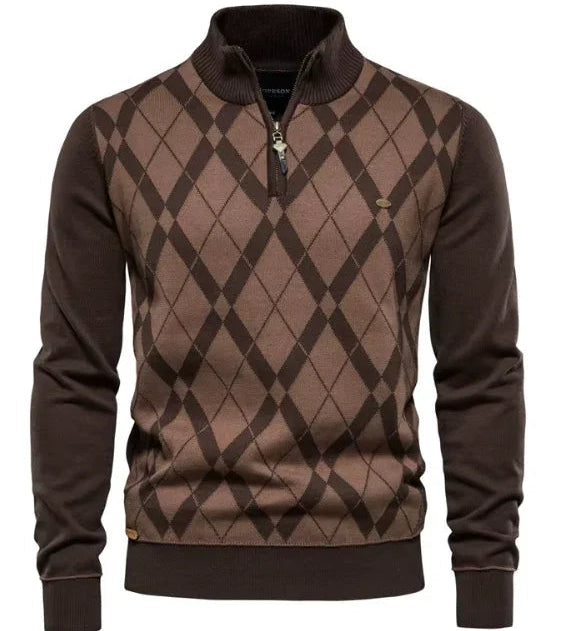 Men's quarter-zip argyle sweater, brown with beige diamond pattern
