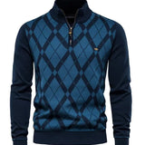 Men's quarter-zip argyle sweater, blue with dark diamond pattern