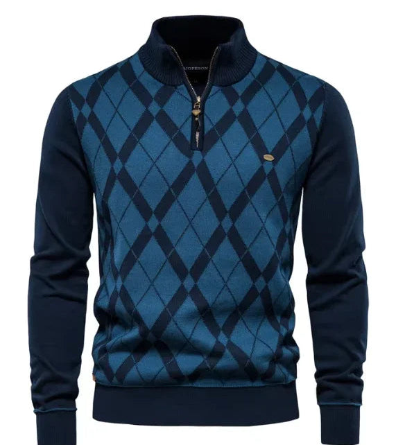 Men's quarter-zip argyle sweater, blue with dark diamond pattern