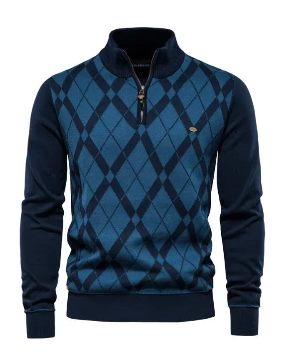 Men's quarter-zip argyle sweater, blue with dark diamond pattern