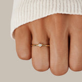 Gold ring with smooth band and small clear stone on finger