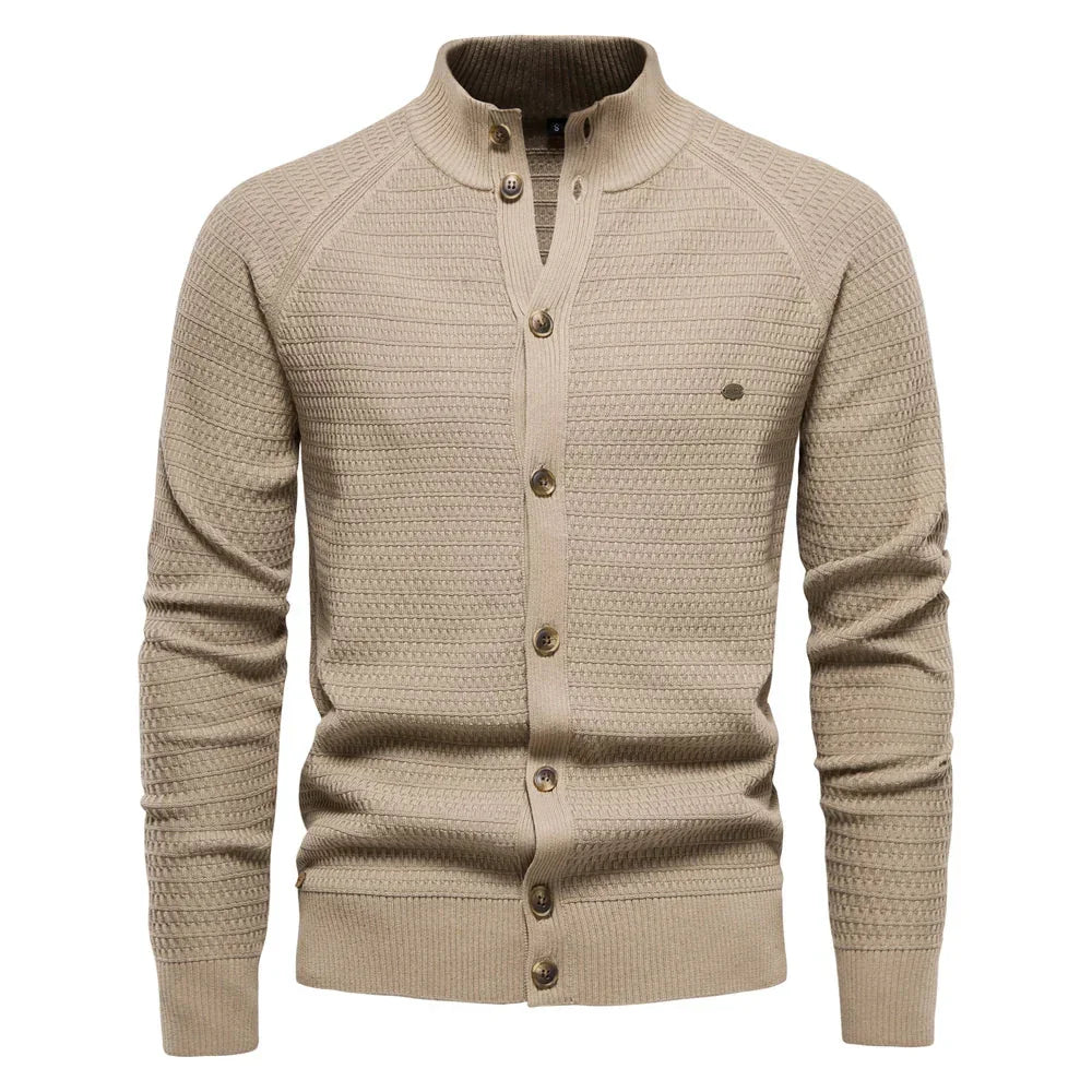 Men's knit jacket in khaki, button front with stand collar