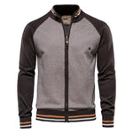 Men's zip-front sweater jacket with brown sleeves and light gray front panel