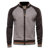 Men's zip-front sweater jacket with brown sleeves and light gray front panel