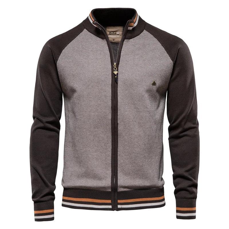 Men's zip-front sweater jacket with brown sleeves and light gray front panel