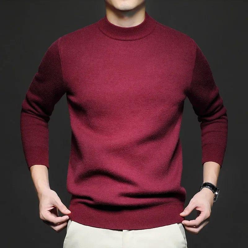 Burgundy high-neck knit sweater with long sleeves and ribbed cuffs.