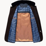 Navy jacket interior view with plaid lining, orange inner panel, and hooded collar