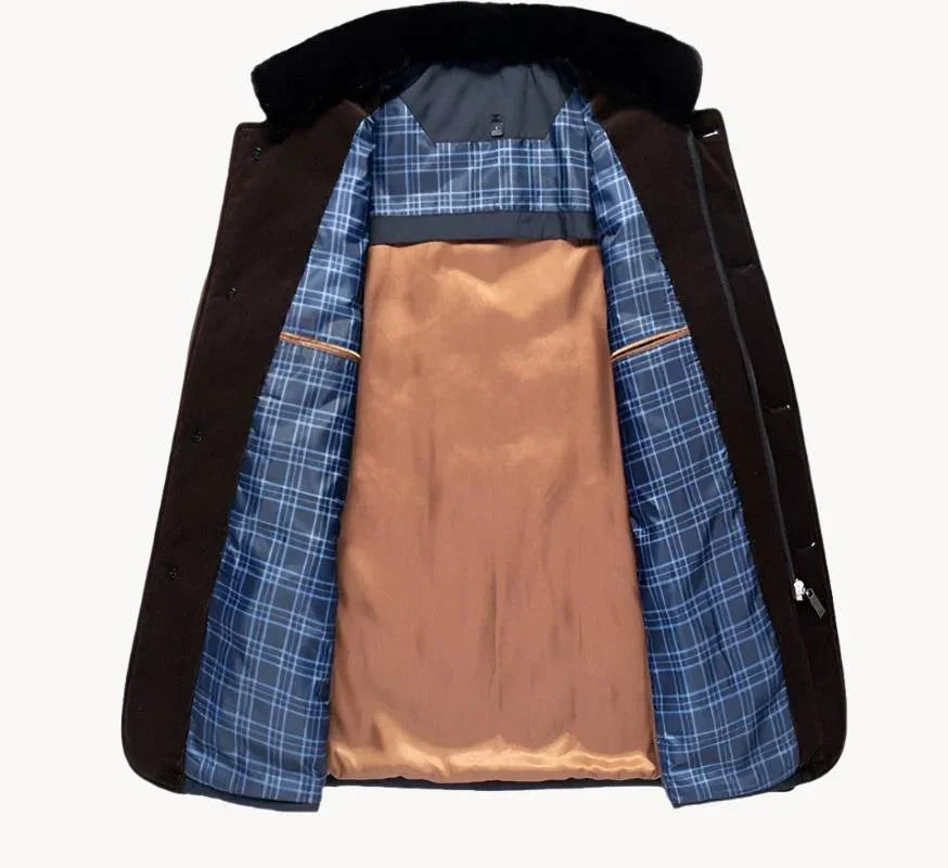 Navy jacket interior view with plaid lining, orange inner panel, and hooded collar