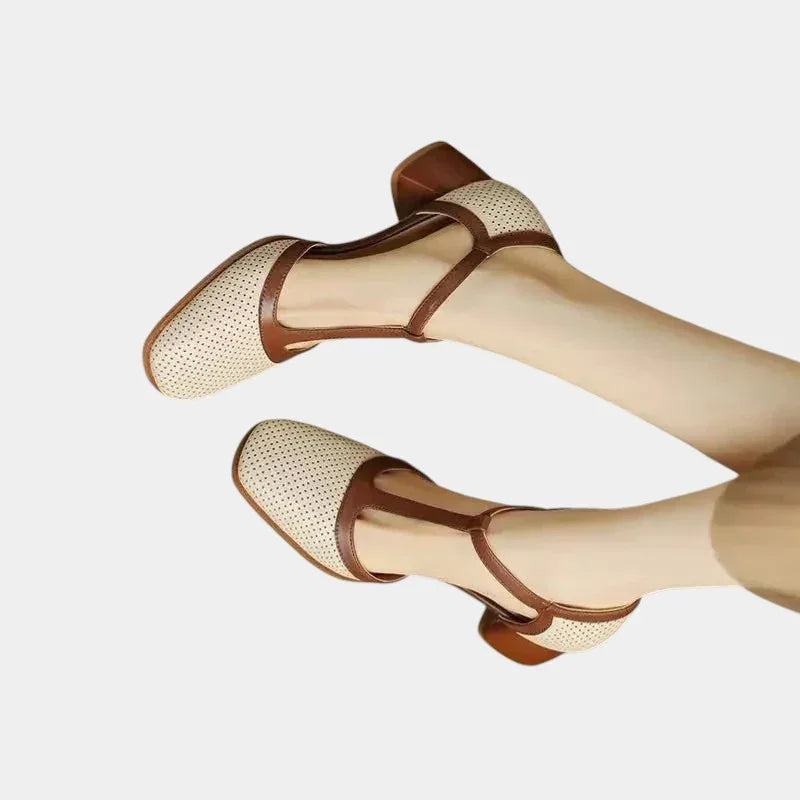 Women's mid-heel slingback shoes, perforated beige toe with brown T-strap
