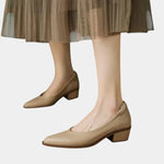 Beige medium-heel slip-on shoes with almond toe and block heel