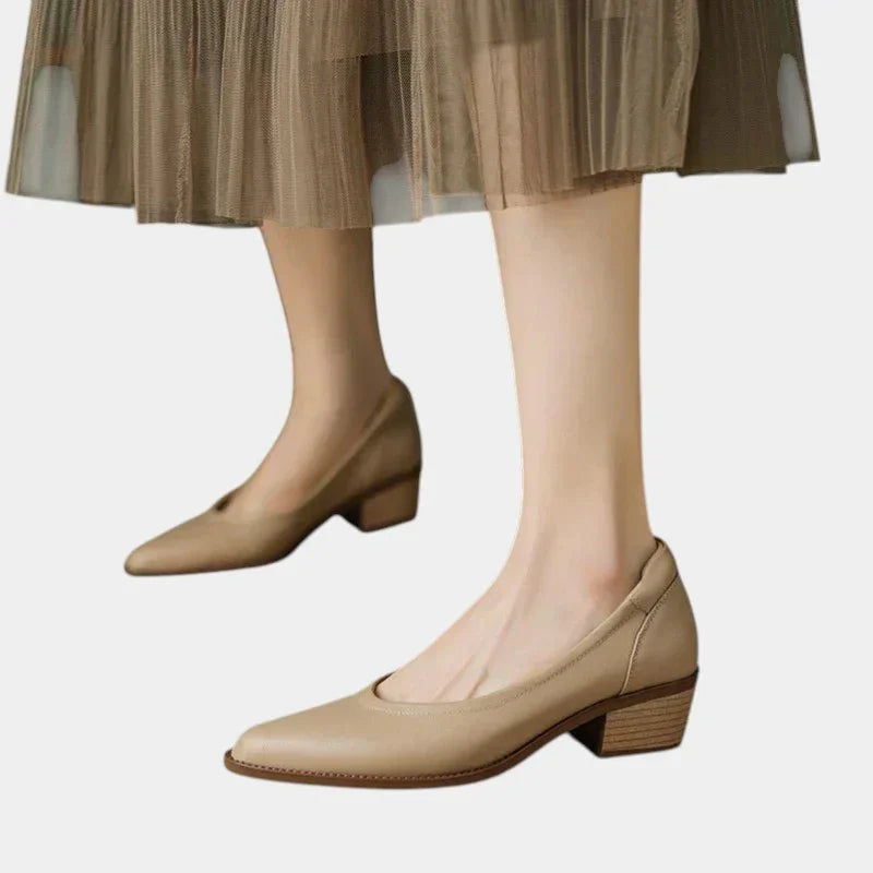 Beige medium-heel slip-on shoes with almond toe and block heel