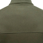 Men's olive green sweater collar detail with ribbed texture and quarter-zip neckline.