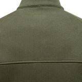 Men's olive green sweater collar detail with ribbed texture and quarter-zip neckline.