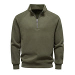 Men's olive green quarter-zip sweater with stand collar and ribbed cuffs and hem.