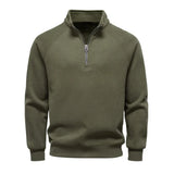 Men's olive green quarter-zip sweater with stand collar and ribbed cuffs and hem.