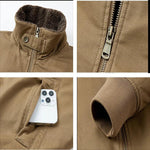 Tan military jacket details: sherpa collar, metal zipper, pocket, and ribbed cuff.
