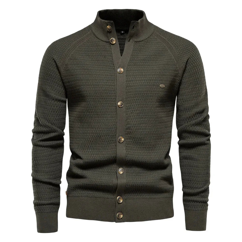 Men's knit jacket in olive green, button placket and stand collar