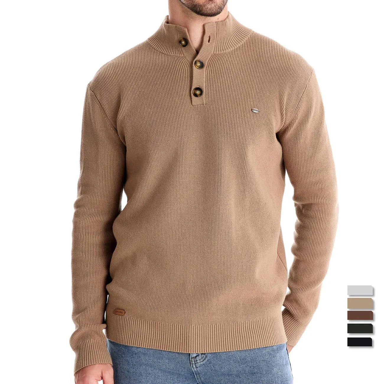 Men's knit sweater in khaki with three-button henley placket and long sleeves
