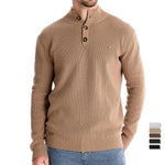 Men's knit sweater in khaki with three-button henley placket and long sleeves