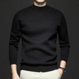 Black high-neck knit sweater with long sleeves and ribbed hem and cuffs.