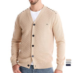 Men's beige knitted vest with V-neck, button-front, and long sleeves