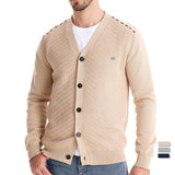 Men's beige knitted vest with V-neck, button-front, and long sleeves