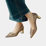 Gold glitter heeled pumps with pointed toe and block heel