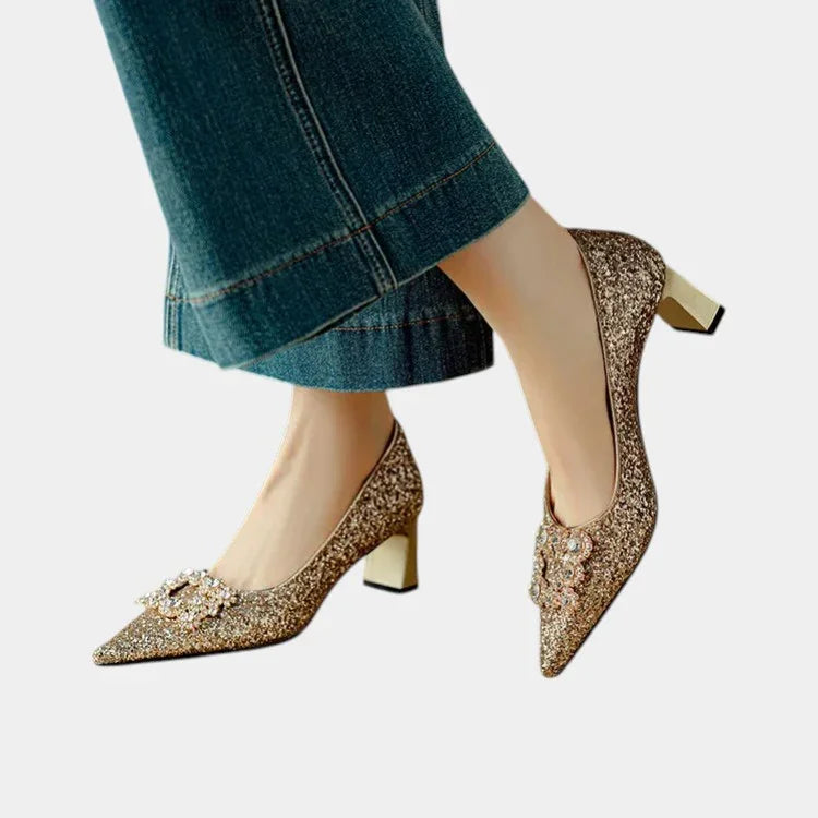 Gold glitter heeled pumps with pointed toe and block heel