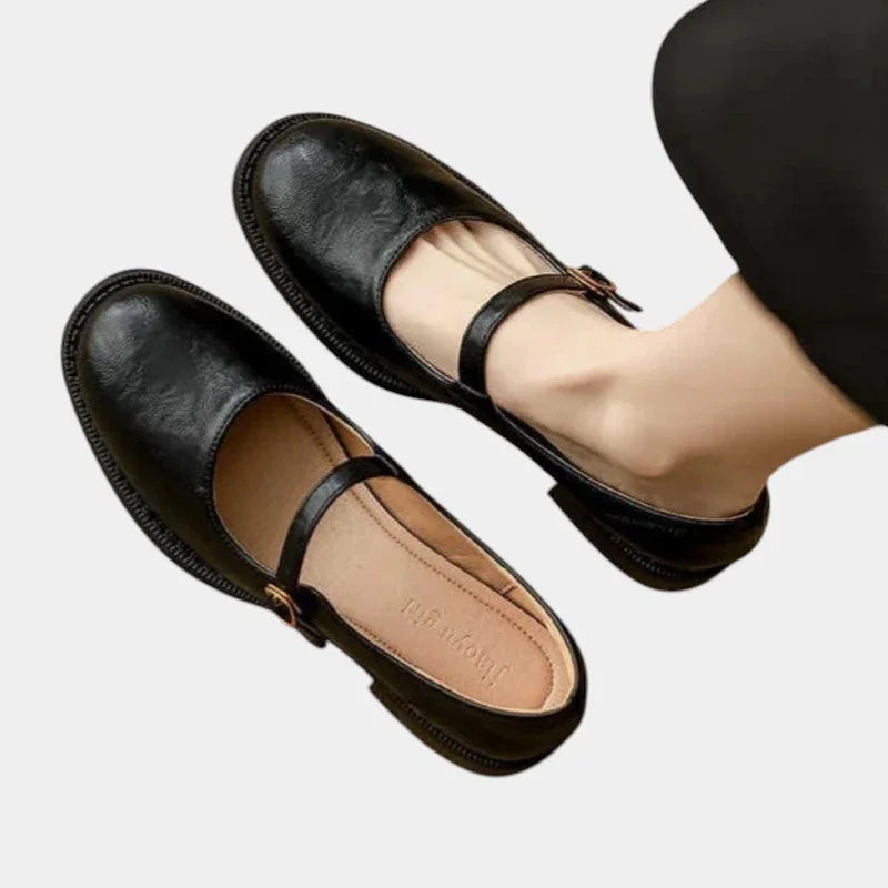 Black leather T-strap shoes with buckle, low block heel, rounded square toe