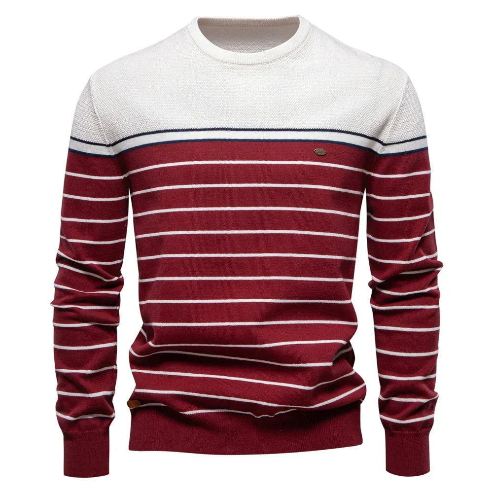 Men's striped knit sweater, white with red and navy stripes, crew neck and long sleeves
