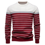 Men's striped knit sweater, white with red and navy stripes, crew neck and long sleeves