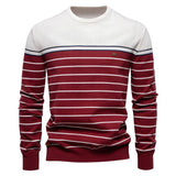 Men's striped knit sweater, white with red and navy stripes, crew neck and long sleeves