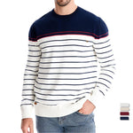 Men's navy and white striped crew-neck knit sweater with red trim, long sleeves
