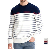 Men's navy and white striped crew-neck knit sweater with red trim, long sleeves