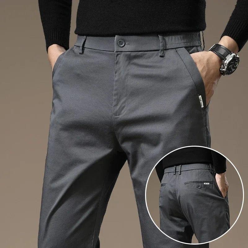 Cement gray slim chino pants with button closure and belt loops, tapered legs