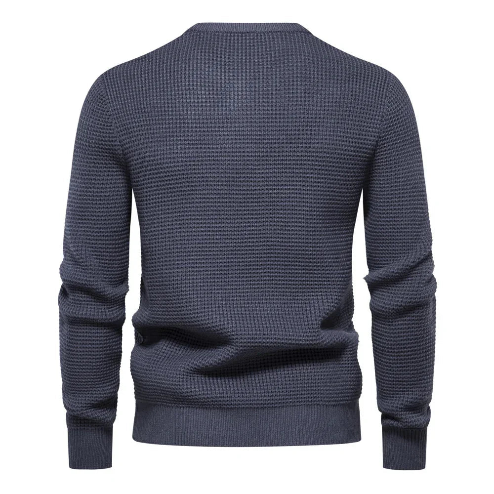 Men's knit sweater in dark gray-blue, crew neck, long sleeves, ribbed hem and cuffs