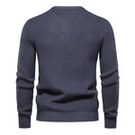 Men's knit sweater in dark gray-blue, crew neck, long sleeves, ribbed hem and cuffs