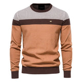 Men's crewneck sweater with tan, brown, and chocolate color blocks