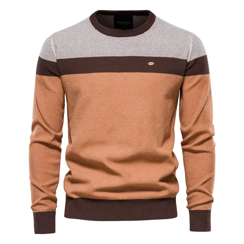 Men's crewneck sweater with tan, brown, and chocolate color blocks