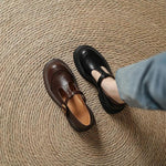 Two leather Mary Jane shoes, brown and black, with buckle T-strap
