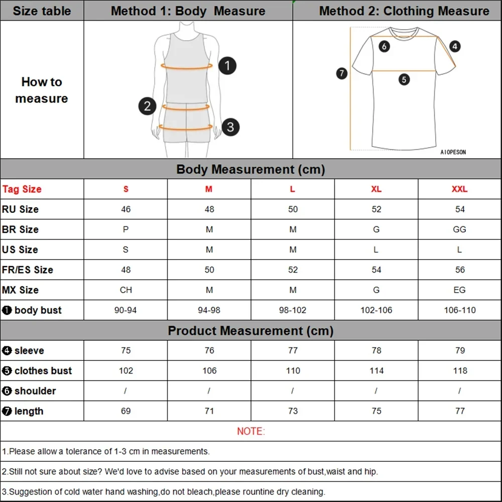 Men's pullover size chart with body and clothing measurements in cm