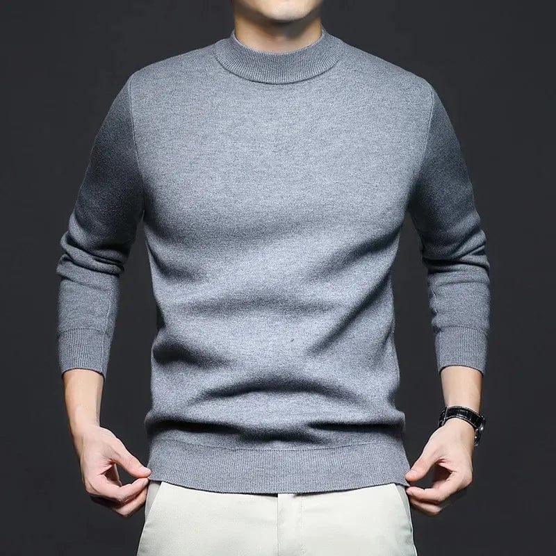 Timeless high-neck knit sweater, slate gray with ribbed collar and cuffs
