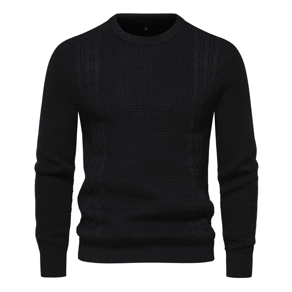 Men's knit sweater in black, crew neck, long sleeves, ribbed hem and cuffs